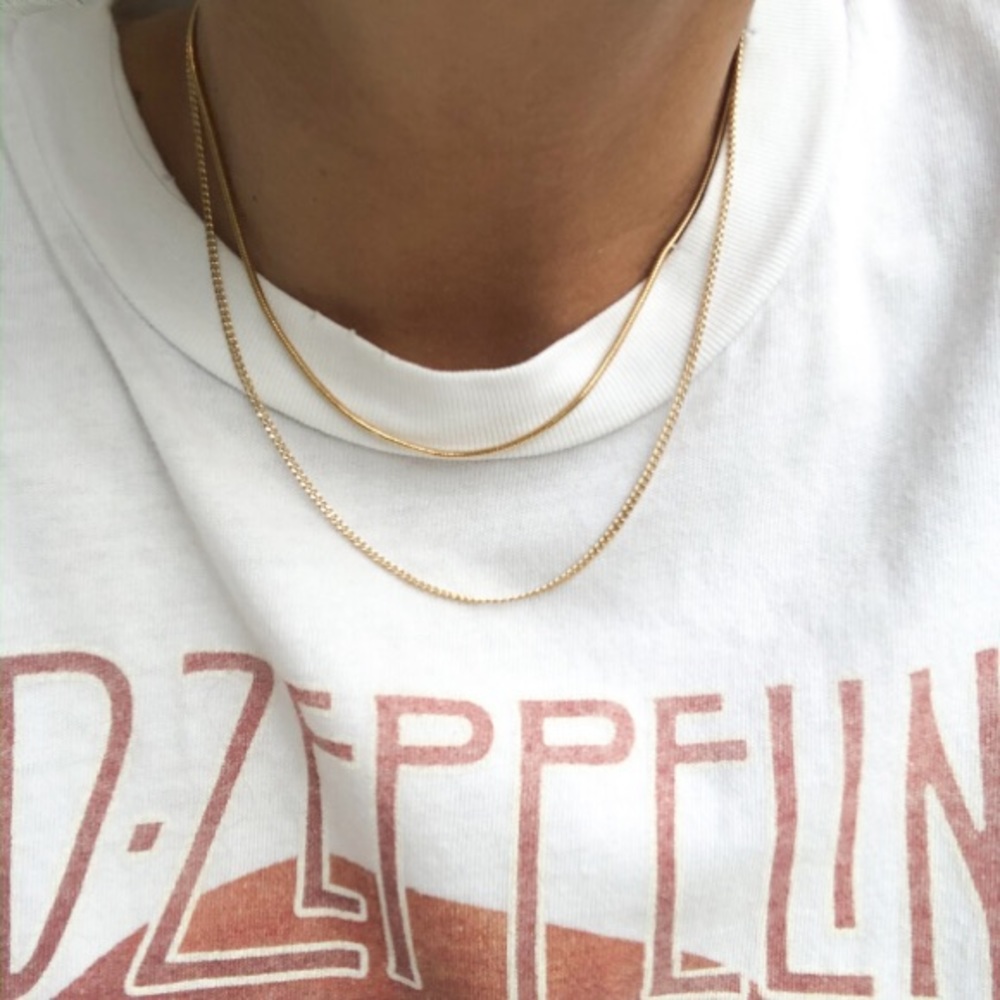 (2) Thin Gold Snake & Cuban Curb Chain Necklace Set